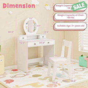 Kids Vanity Set with Mirror Princess Makeup Dressing Desk and Chair Set with Mirror-White White Kids Vanities
