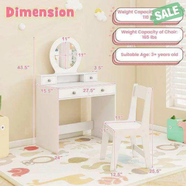 Kids Vanity Set with Mirror Princess Makeup Dressing Desk and Chair Set with Mirror-White White Kids Vanities