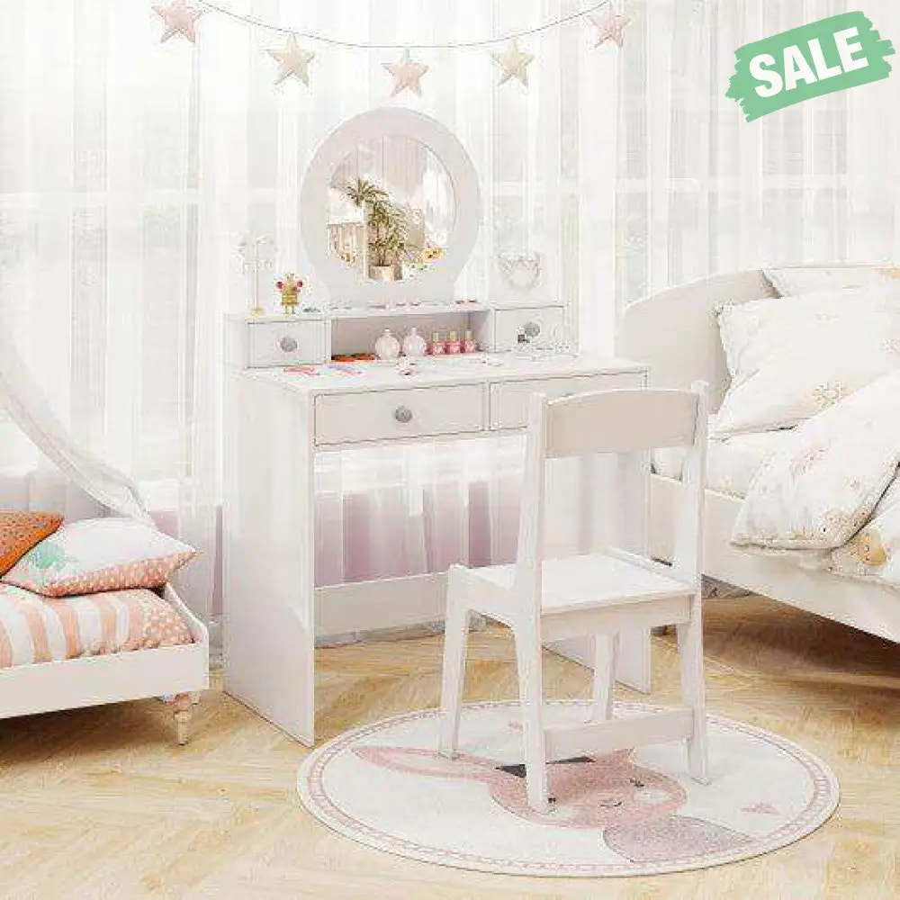 Kids Vanity Set with Mirror Princess Makeup Dressing Desk and Chair Set with Mirror-White White Kids Vanities