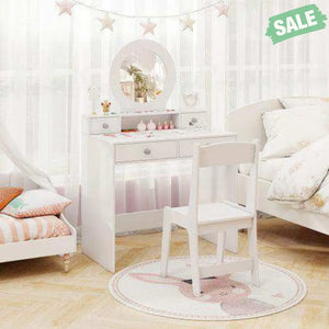 Kids Vanity Set with Mirror Princess Makeup Dressing Desk and Chair Set with Mirror-White White Kids Vanities