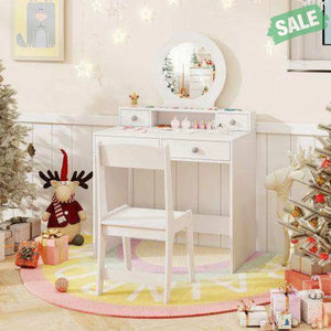 Kids Vanity Set with Mirror Princess Makeup Dressing Desk and Chair Set with Mirror-White White Kids Vanities