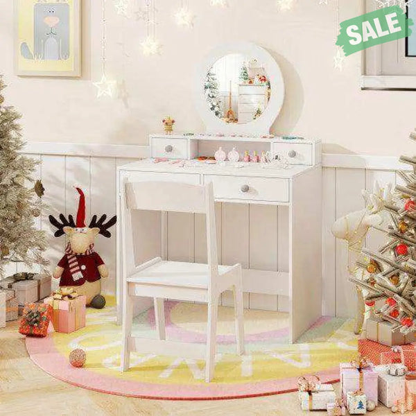 Kids Vanity Set with Mirror Princess Makeup Dressing Desk and Chair Set with Mirror-White White Kids Vanities