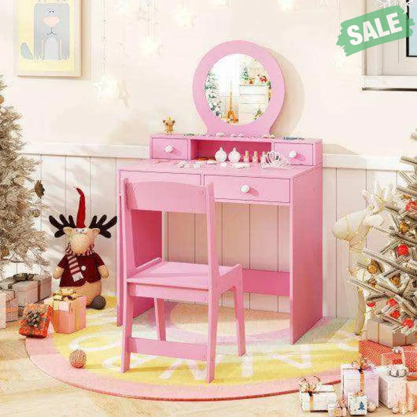 Kids Vanity Set with Mirror Princess Makeup Dressing Desk and Chair Set with Mirror-White White Kids Vanities