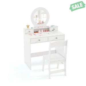 Kids Vanity Set with Mirror Princess Makeup Dressing Desk and Chair Set with Mirror-White White Kids Vanities