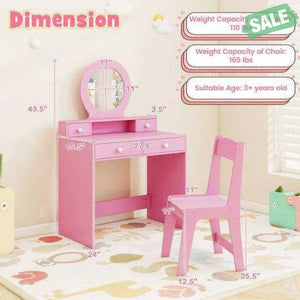 Kids Vanity Set with Mirror Princess Makeup Dressing Desk and Chair Set with Mirror-White White Kids Vanities