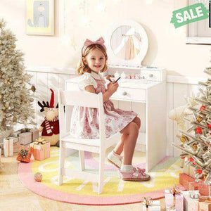 Kids Vanity Set with Mirror Princess Makeup Dressing Desk and Chair Set with Mirror-White White Kids Vanities