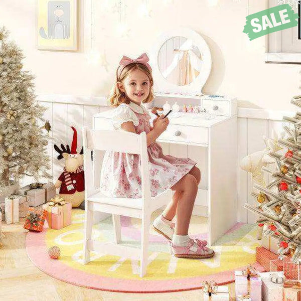 Kids Vanity Set with Mirror Princess Makeup Dressing Desk and Chair Set with Mirror-White White Kids Vanities