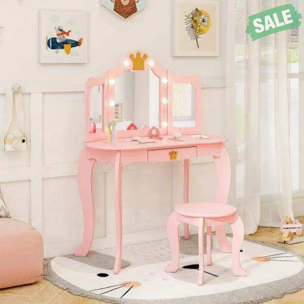 Kids Vanity Set with Tri-fold Lighted Mirror Detachable Top and Stool-Pink Pink Kids Vanities