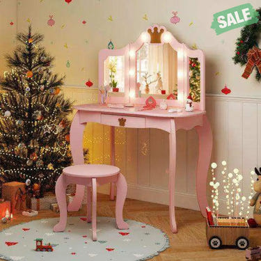Kids Vanity Set with Tri-fold Lighted Mirror Detachable Top and Stool-Pink Pink Kids Vanities