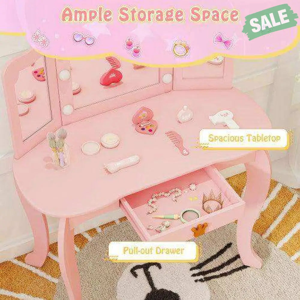 Vanity Set Tri fold Lighted Mirror Detachable Top Stool