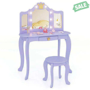 Kids Vanity Set with Tri-fold Lighted Mirror Detachable Top and Stool-Purple