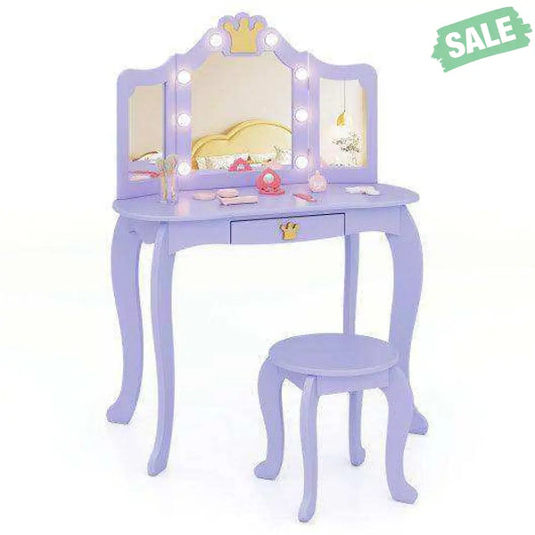 Kids Vanity Set with Tri-fold Lighted Mirror Detachable Top and Stool-Purple