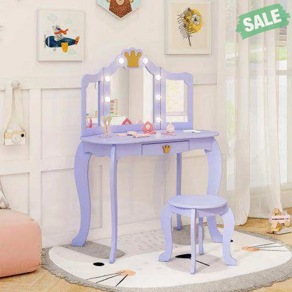 Kids Vanity Set with Tri-fold Lighted Mirror Detachable Top and Stool-Purple