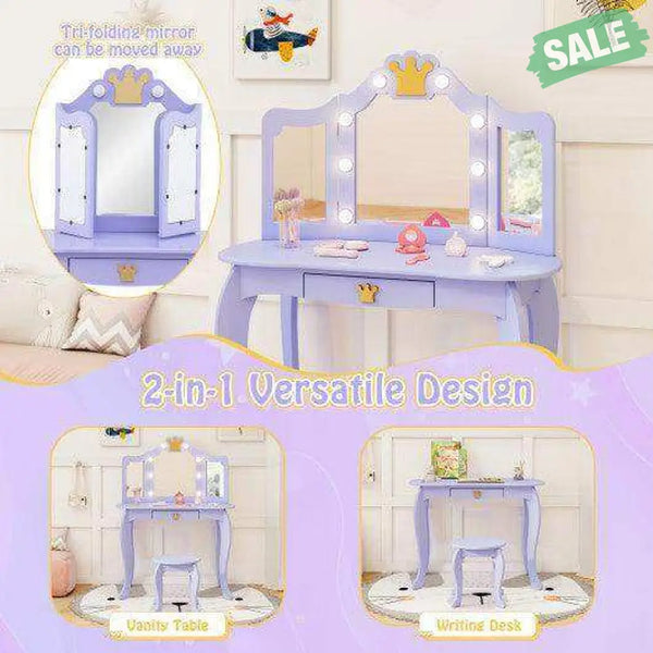 Kids Vanity Set with Tri-fold Lighted Mirror Detachable Top and Stool-Purple