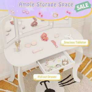 Kids Vanity Set with Tri-fold Lighted Mirror Detachable Top and Stool-White