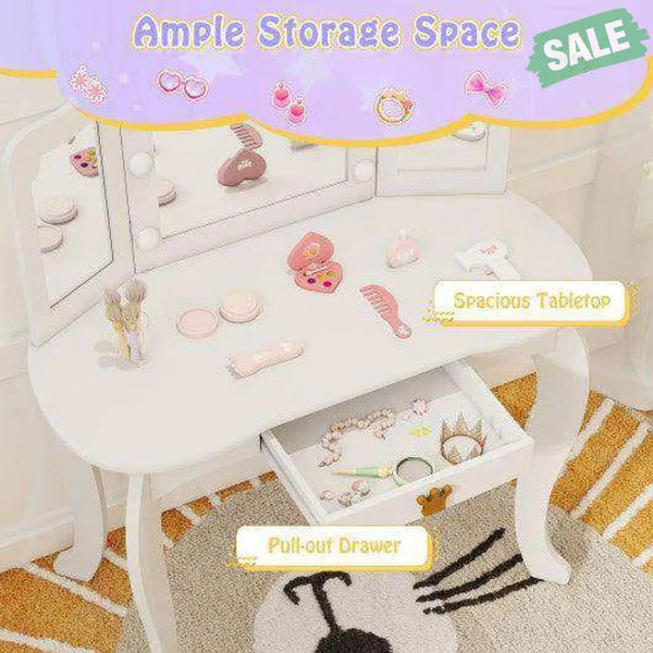 Kids Vanity Set with Tri-fold Lighted Mirror Detachable Top and Stool-White