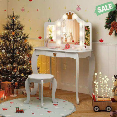 Kids Vanity Set with Tri-fold Lighted Mirror Detachable Top and Stool-White