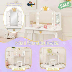 Kids Vanity Set with Tri-fold Lighted Mirror Detachable Top and Stool-White