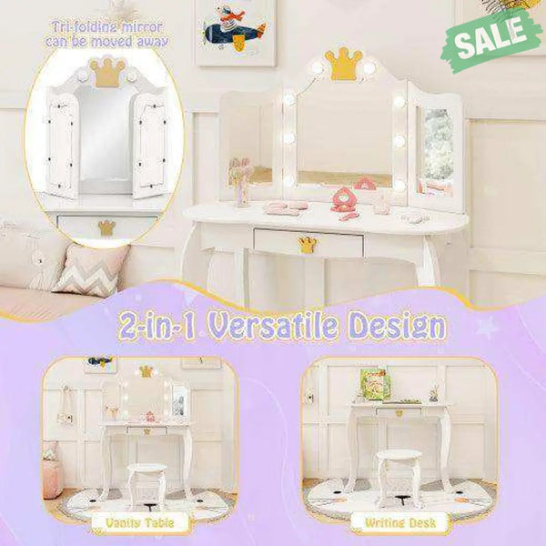 Kids Vanity Set with Tri-fold Lighted Mirror Detachable Top and Stool-White