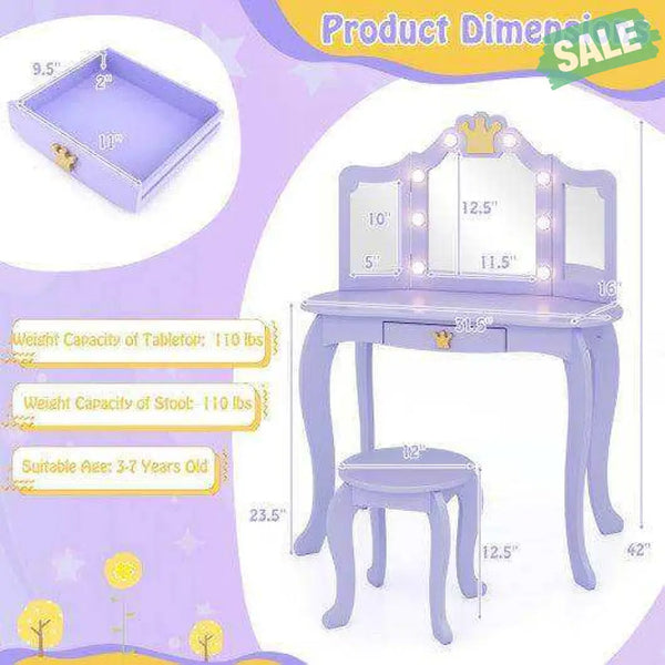 Kids Vanity Set with Tri-fold Lighted Mirror Detachable Top and Stool-Purple
