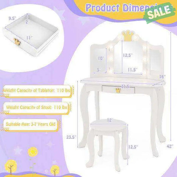 Kids Vanity Set with Tri-fold Lighted Mirror Detachable Top and Stool-White
