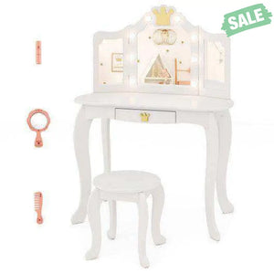 Kids Vanity Set with Tri-fold Lighted Mirror Detachable Top and Stool-White