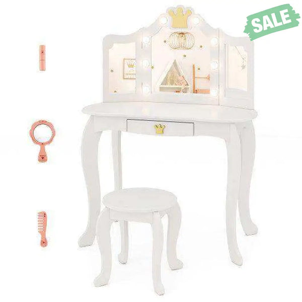 Kids Vanity Set with Tri-fold Lighted Mirror Detachable Top and Stool-White