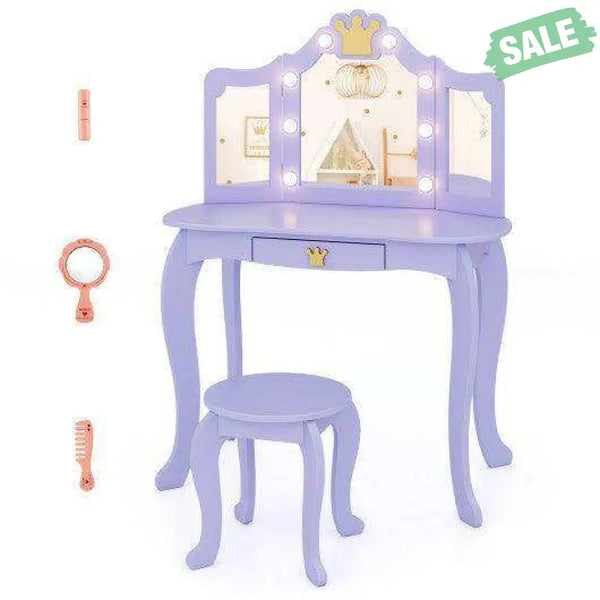 Kids Vanity Set with Tri-fold Lighted Mirror Detachable Top and Stool-Purple
