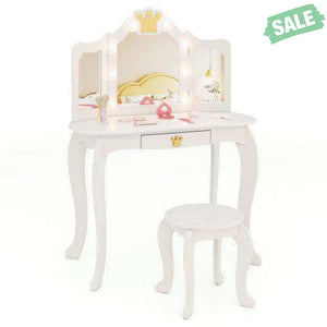 Kids Vanity Set with Tri-fold Lighted Mirror Detachable Top and Stool-White