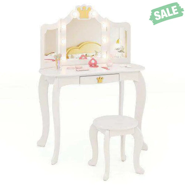 Kids Vanity Set with Tri-fold Lighted Mirror Detachable Top and Stool-White