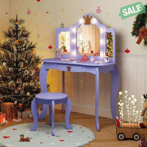 Kids Vanity Set with Tri-fold Lighted Mirror Detachable Top and Stool-Purple