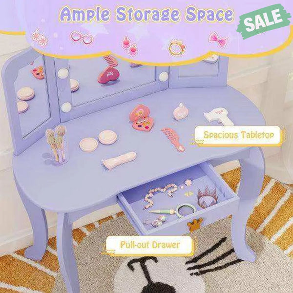 Kids Vanity Set with Tri-fold Lighted Mirror Detachable Top and Stool-Purple