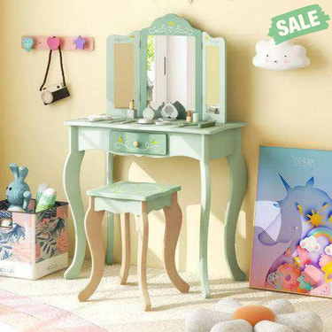 Kids Vanity Set with Tri-folding Mirror-Green