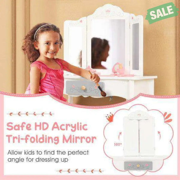 Kids Vanity Set with Tri-folding Mirror-White White Kids Vanities
