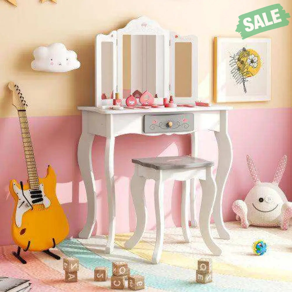 Kids Vanity Set with Tri-folding Mirror-White White Kids Vanities