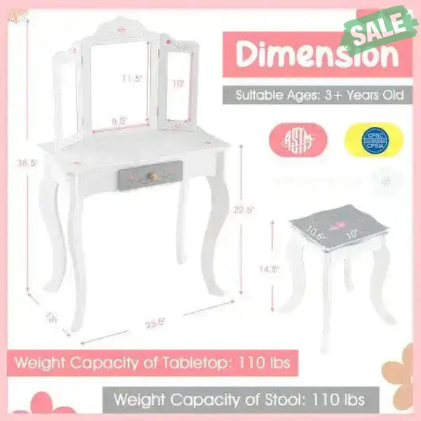 Kids Vanity Set with Tri-folding Mirror-White White Kids Vanities