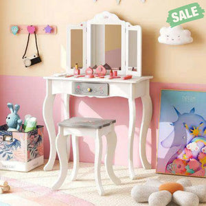 Kids Vanity Set with Tri-folding Mirror-White White Kids Vanities