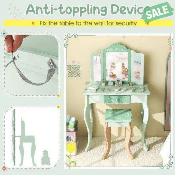 Kids Vanity Set with Tri-folding Mirror-White White Kids Vanities