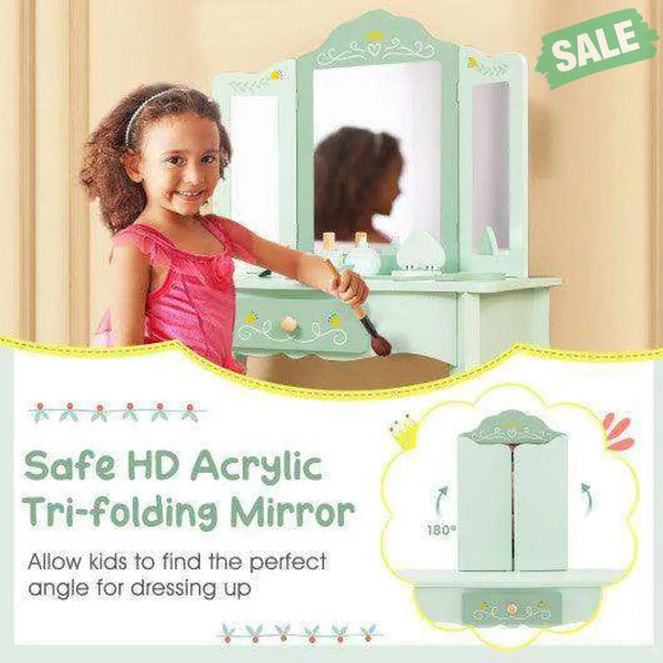 Kids Vanity Set with Tri-folding Mirror-White White Kids Vanities