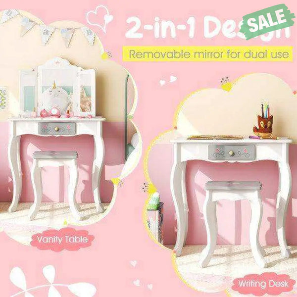 Kids Vanity Set with Tri-folding Mirror-White White Kids Vanities