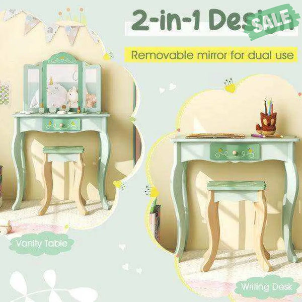 Kids Vanity Set with Tri-folding Mirror-White White Kids Vanities