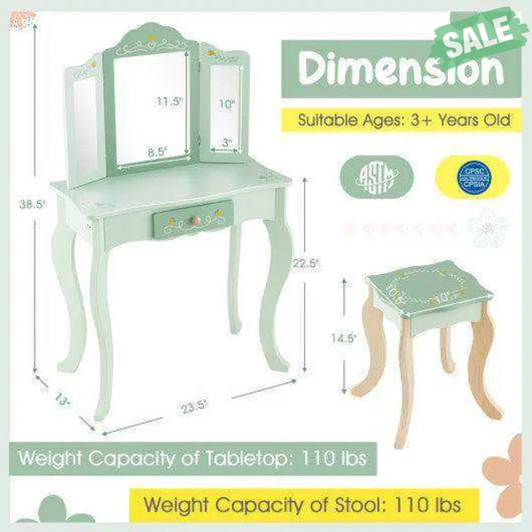 Kids Vanity Set with Tri-folding Mirror-White White Kids Vanities