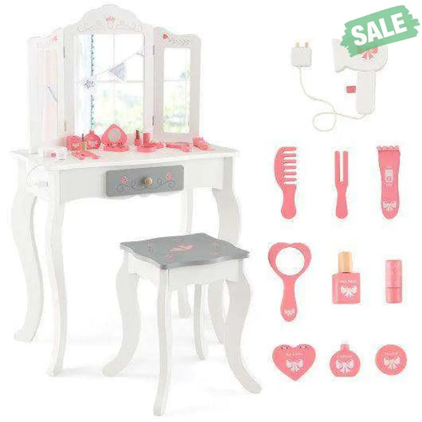 Kids Vanity Set with Tri-folding Mirror-White White Kids Vanities