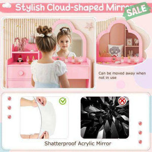 Kids Vanity Table and Chair Set with Cloud-shaped Mirror and Open Shelf-White White Kids Vanities