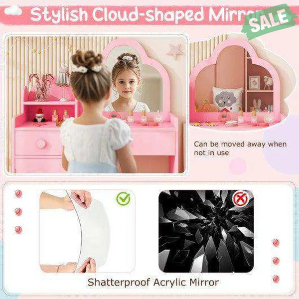 Kids Vanity Table and Chair Set with Cloud-shaped Mirror and Open Shelf-White White Kids Vanities