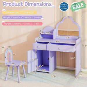 Kids Vanity Table and Chair Set with Cloud-shaped Mirror and Open Shelf-White White Kids Vanities