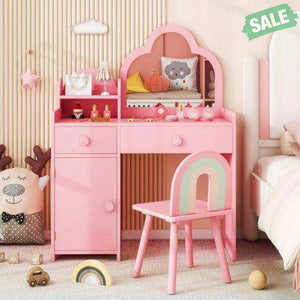 Kids Vanity Table and Chair Set with Cloud-shaped Mirror and Open Shelf-White White Kids Vanities