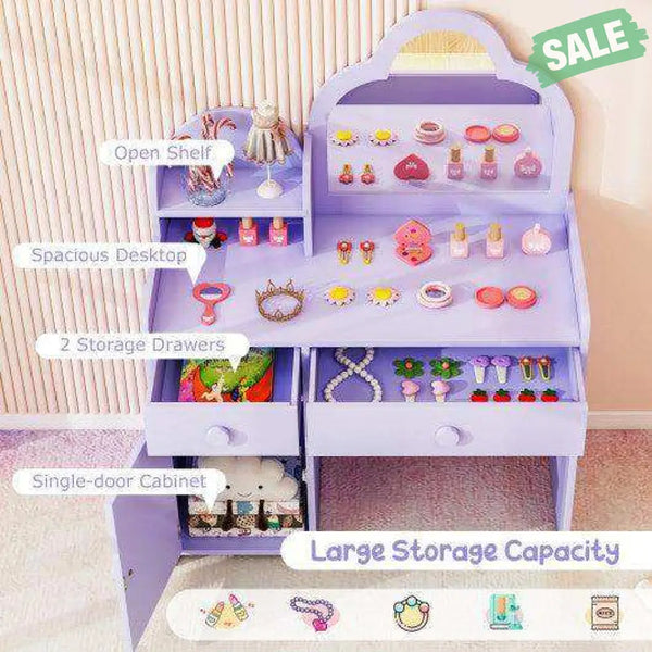 Kids Vanity Table and Chair Set with Cloud-shaped Mirror and Open Shelf-White White Kids Vanities