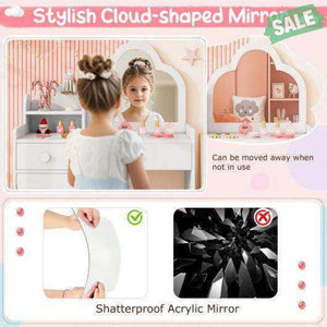 Kids Vanity Table and Chair Set with Cloud-shaped Mirror and Open Shelf-White White Kids Vanities
