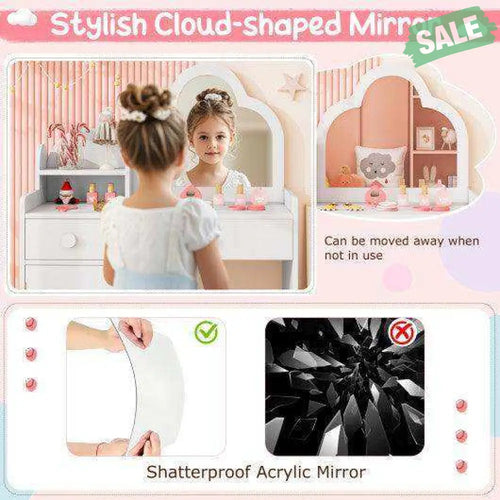 Kids Vanity Table and Chair Set with Cloud-shaped Mirror and Open Shelf-White White Kids Vanities